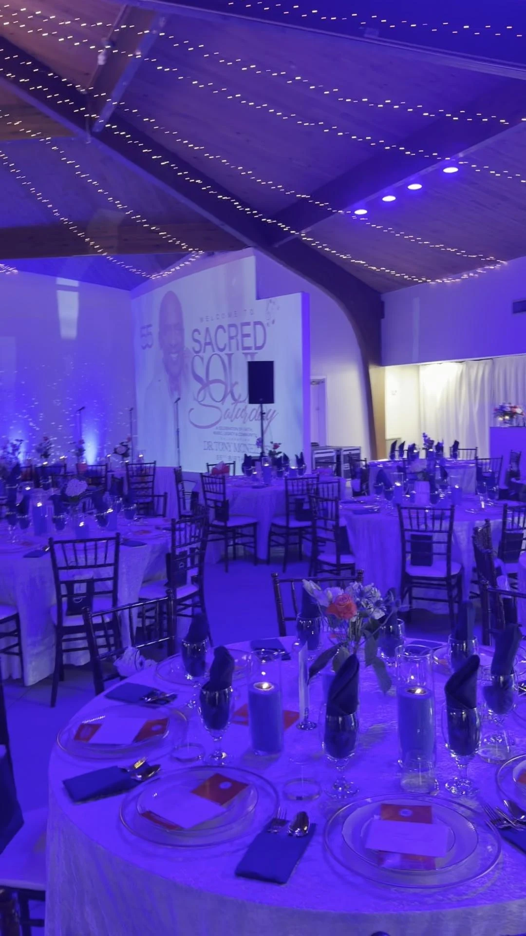 Tables and lighting in the Sacred Soul Saturday event space
